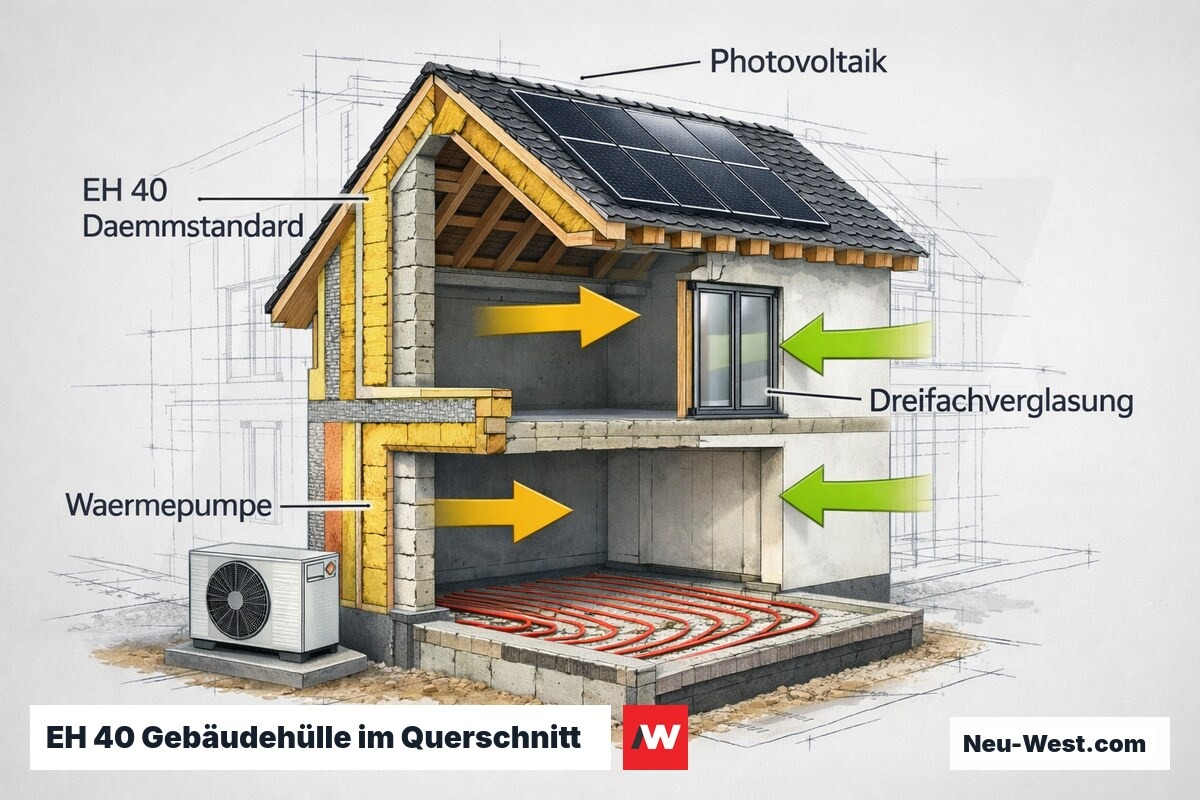 Querschnitt eines Neubaus mit EH-40-Standard: Dämmung, Wärmepumpe, Dreifachverglasung und Photovoltaik auf dem Dach