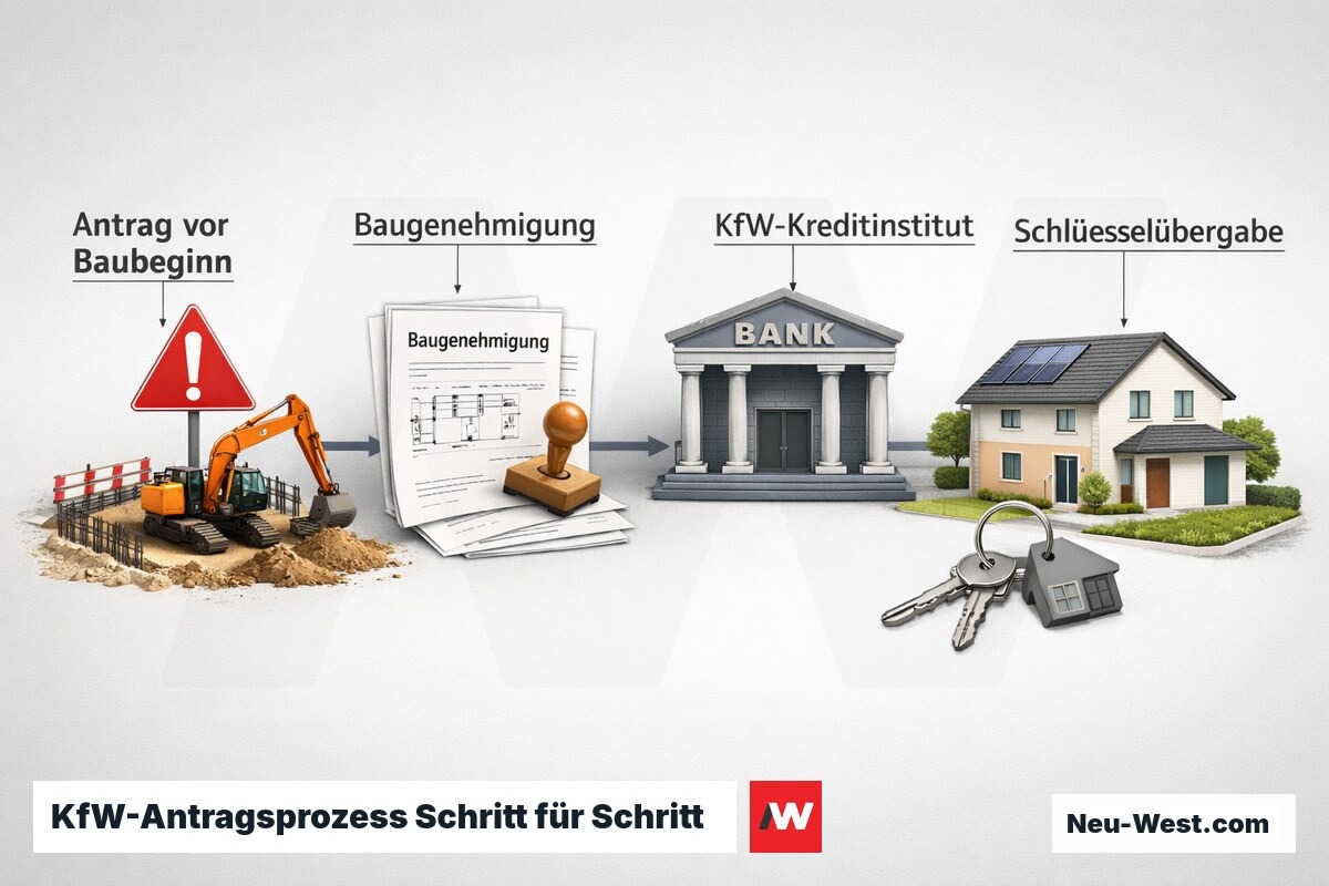 Zeitstrahl des KfW-Förderantragsprozesses: Antrag vor Spatenstich, Bankeinreichung, Baugenehmigung bis Fertigstellung