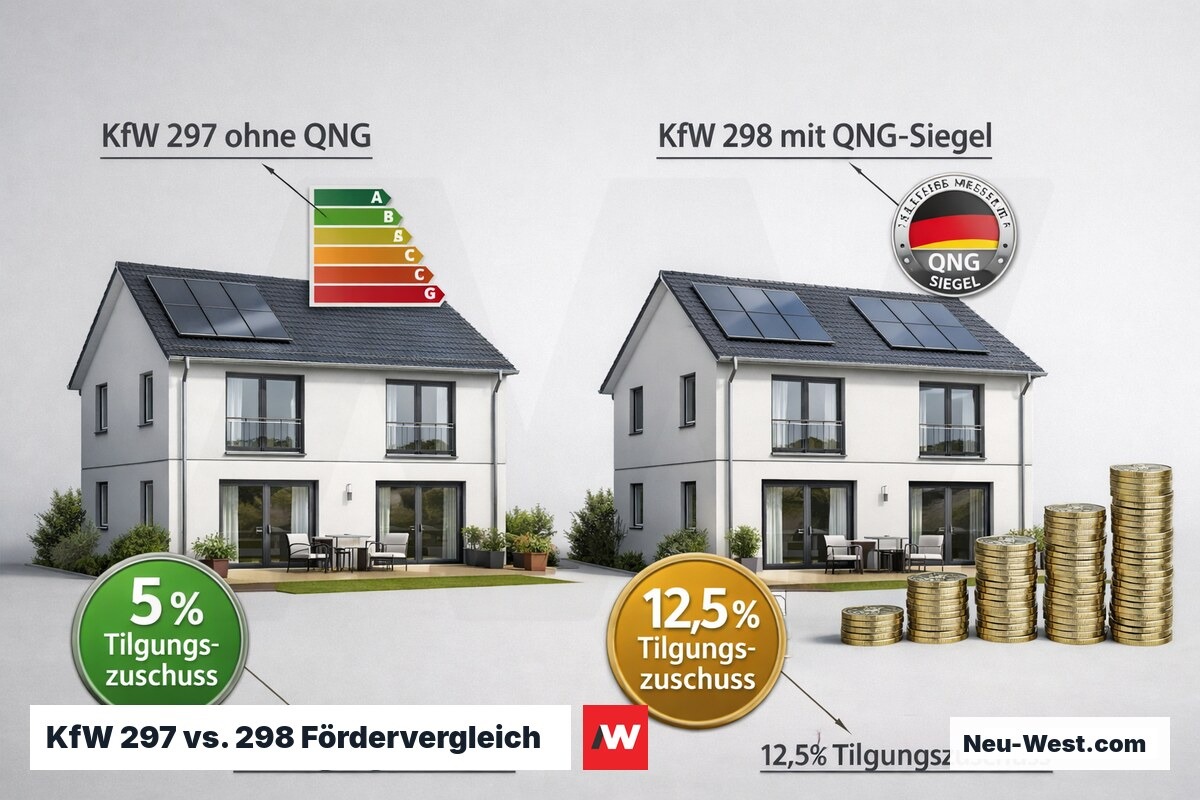 Vergleich KfW 297 und KfW 298: zwei Neubauten nebeneinander mit unterschiedlichen Tilgungszuschüssen von 5 % und 12,5 %
