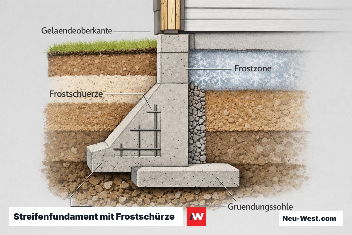 Querschnitt eines Streifenfundaments mit Frostschürze unterhalb der Frosttiefe, sichtbare Bodenschichten und Eiszone im Oberboden