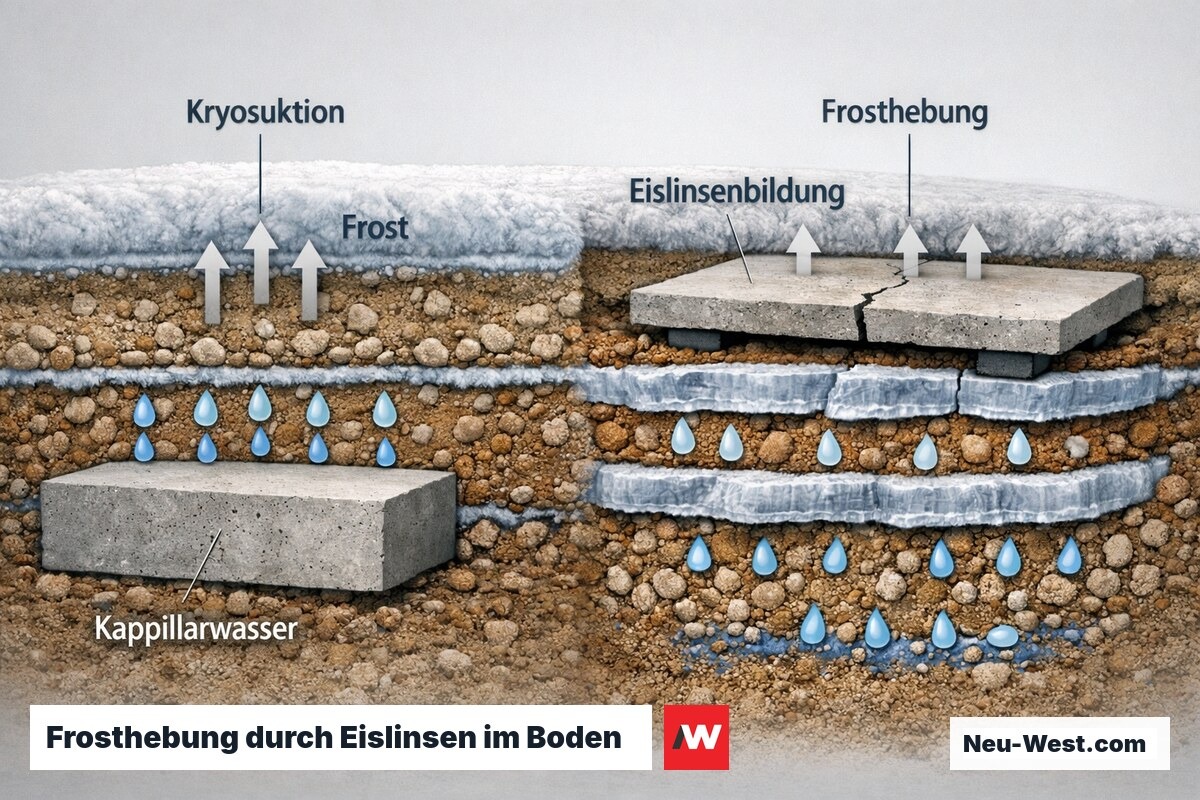 Bodenschnitt zeigt Kryosuktion und Eislinsenbildung in Schluff, die zu Frosthebung und Fundamentschäden führt