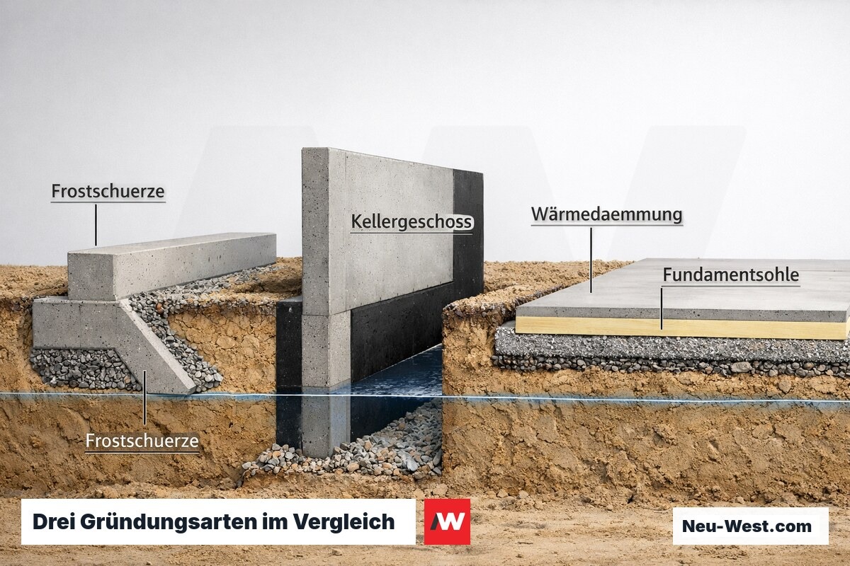 Vergleich von Streifenfundament mit Frostschürze, Keller-Außenwand und gedämmter Flachgründung nebeneinander im Bodenschnitt