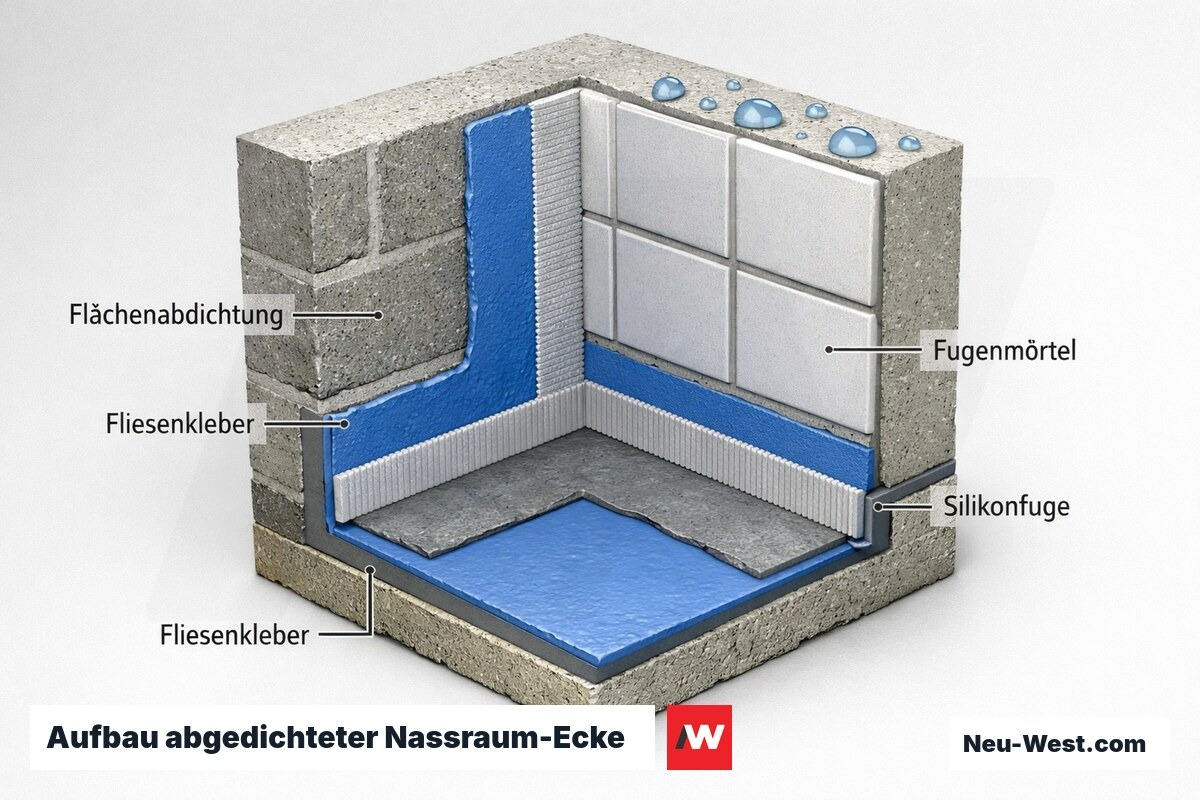 Querschnitt einer Nassraum-Ecke mit Flächenabdichtung, verklebten Fliesen, Fugenmörtel und elastischer Silikonfuge am Wand-Boden-Anschluss.