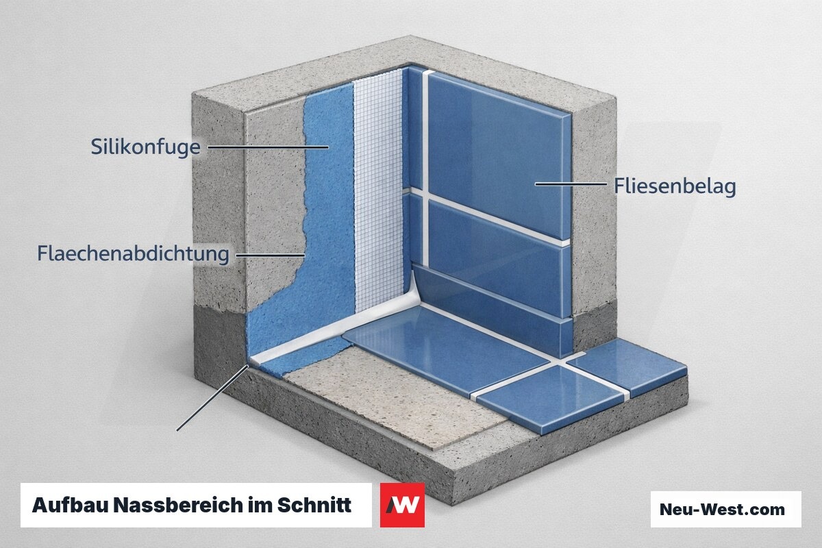 Schnittzeichnung einer Nassbereichs-Ecke mit Silikonfuge, Fliesenfugen, Flaechenabdichtung und Fliesenbelag als getrennte Bauteile.
