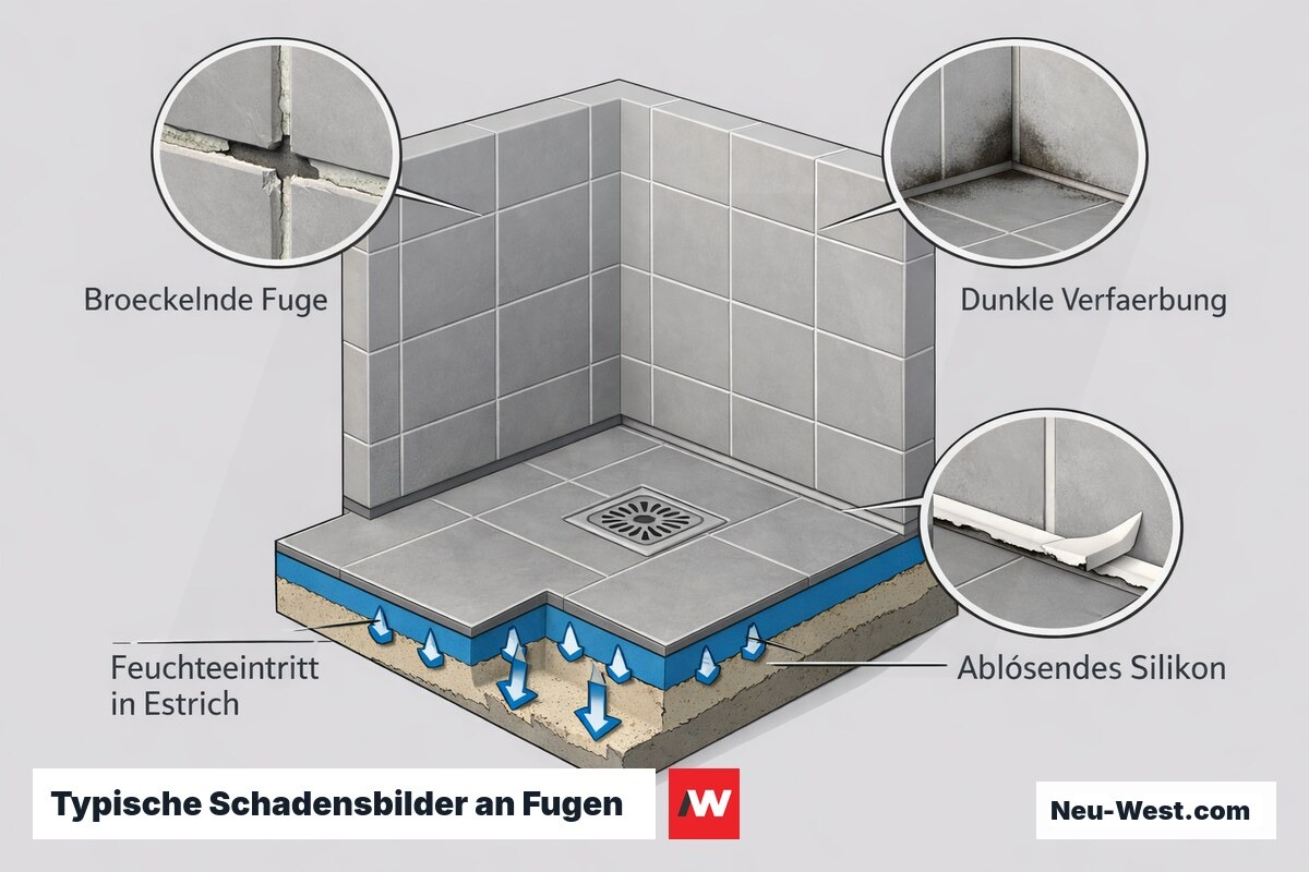 Diagramm einer Nassraumecke mit drei Schadensbildern: bröckelnde Fuge, dunkle Verfärbung und ablösendes Silikon sowie Feuchteeintritt in den Estrich.