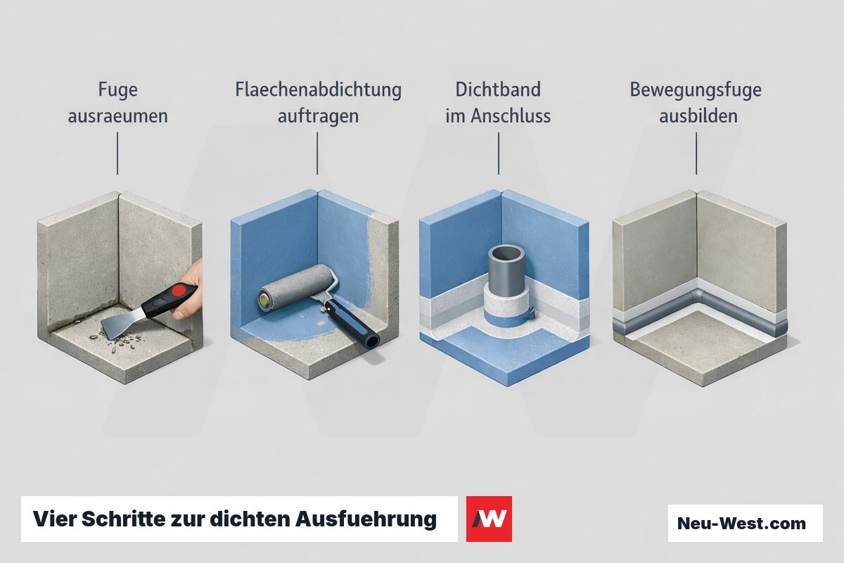 Prozessgrafik in vier Schritten: Fuge ausraeumen, Flaechenabdichtung auftragen, Dichtband am Anschluss einbetten, Bewegungsfuge mit Dichtstoff ausbilden.