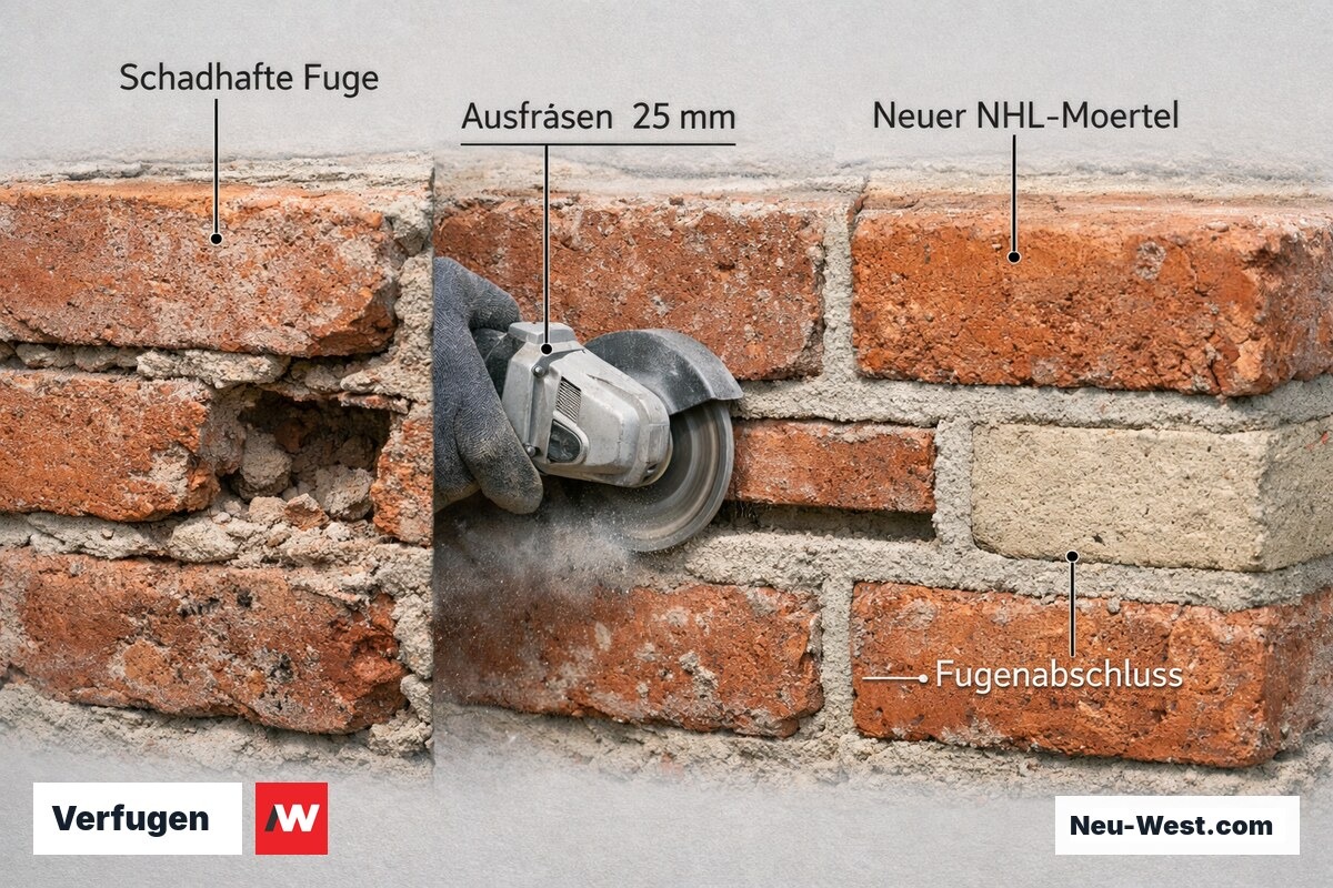 Querschnitt Mauerwerk zeigt schadhafte Fuge, ausgefräste Nut und fertig verfugte Fuge mit Naturhydraulikkalk nebeneinander