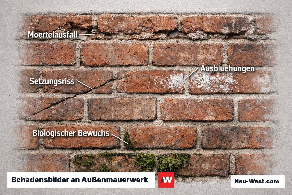 Ziegelmauerwerk mit vier typischen Fugen-Schadensbildern: Mörtelausfall, Risse, Salzausblühungen und Moosbefall nebeneinander