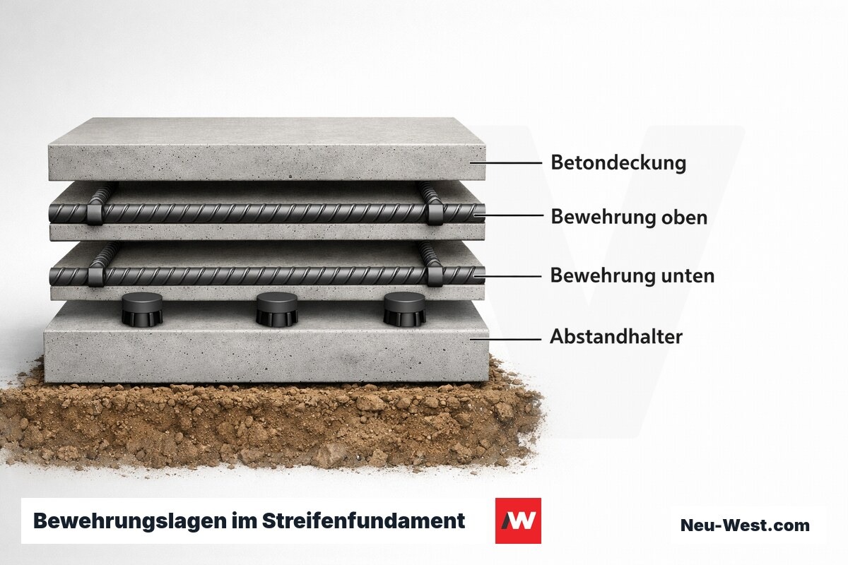 Bewehrungslagen im Streifenfundament: Querschnitt mit Abstandhaltern – Erklär-Grafik (NEUWEST Berlin)