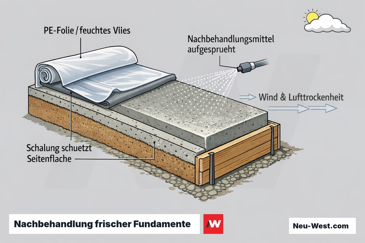 Querschnitt eines frischen Streifenfundaments mit PE-Folie, feuchtem Vlies, aufgesprühtem Nachbehandlungsmittel und schützender Seitenschalung gegen Wind.