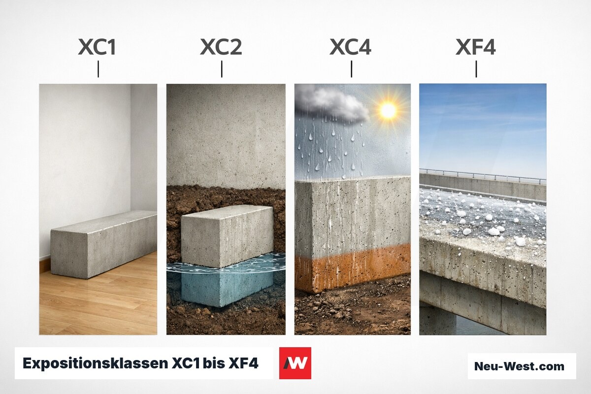 Expositionsklassen XC1 bis XF4: Mindestbetondeckung und Druckfestigkeitsklasse – Erklär-Grafik (NEUWEST Berlin)