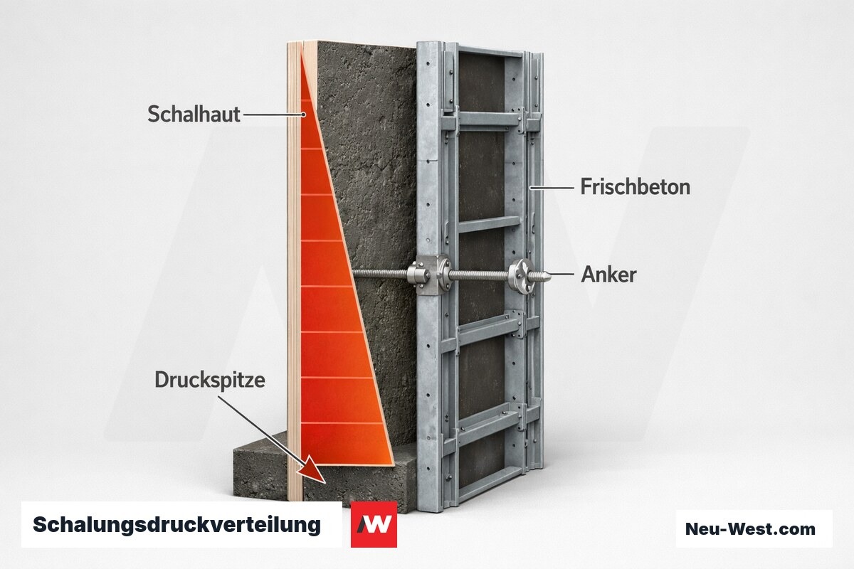 Schalungsdruckverteilung: Frischbetondruck und Versagensrisiko bei schnellem Betonieren – Erklär-Grafik (NEUWEST Berlin)