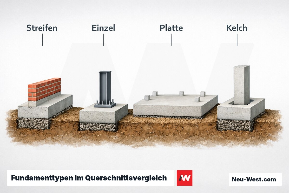 Fundamenttypen im Querschnittsvergleich: Streifen, Einzel, Platte, Kelch – Erklär-Grafik (NEUWEST Berlin)