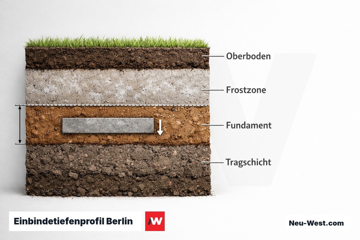 Einbindetiefenprofil Berlin: Frosttiefe 80 cm und Gründungstiefe nach Baugrundklasse – Erklär-Grafik (NEUWEST Berlin)