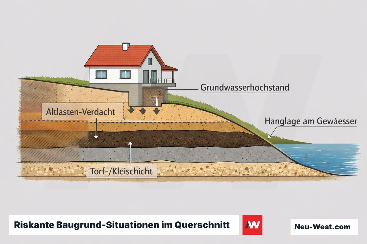 Querschnitt eines Hanggrundstücks am Gewässer mit Torf- und Kleischicht, hohem Grundwasserstand und Altlasten-Verdachtsfläche unter dem Fundament.