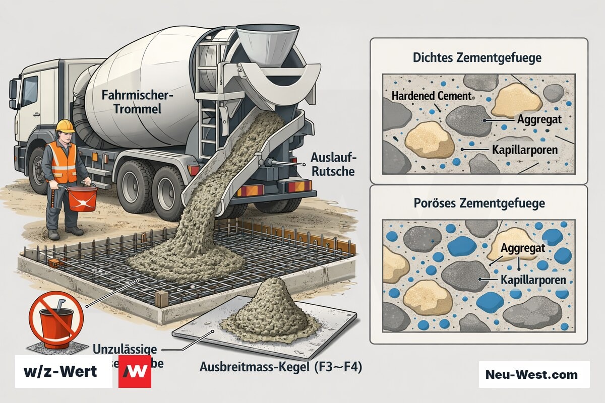 Cutaway-Illustration eines Fahrmischers mit Ausbreitmaß-Probe und Vergleich von dichtem und porösem Zementgefüge zur w/z-Wert-Kontrolle.