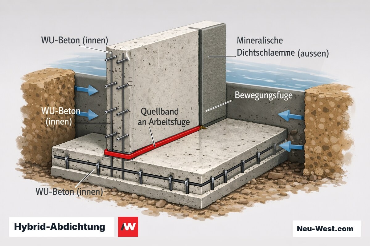 Querschnitt Kellerwand mit WU-Beton innen, mineralischer Dichtschlämme außen, Quellband an der Arbeitsfuge und Bewegungsfuge unter Grundwasserdruck.