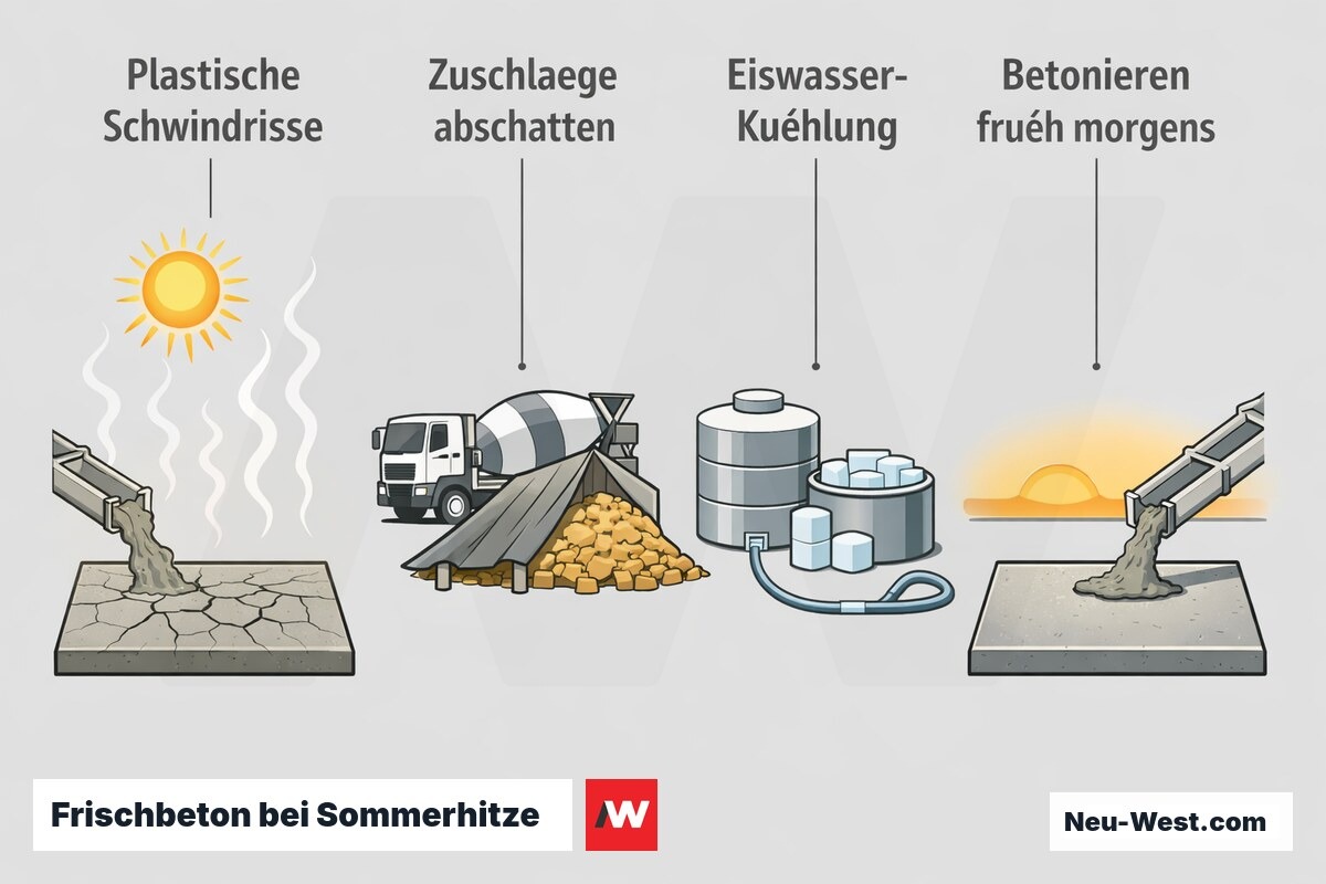 Erklärgrafik: heißer Frischbeton mit Schwindrissen, abgeschattete Zuschläge, Eiswasser-Kühlung und frühes Betonieren als Sommer-Maßnahmen.