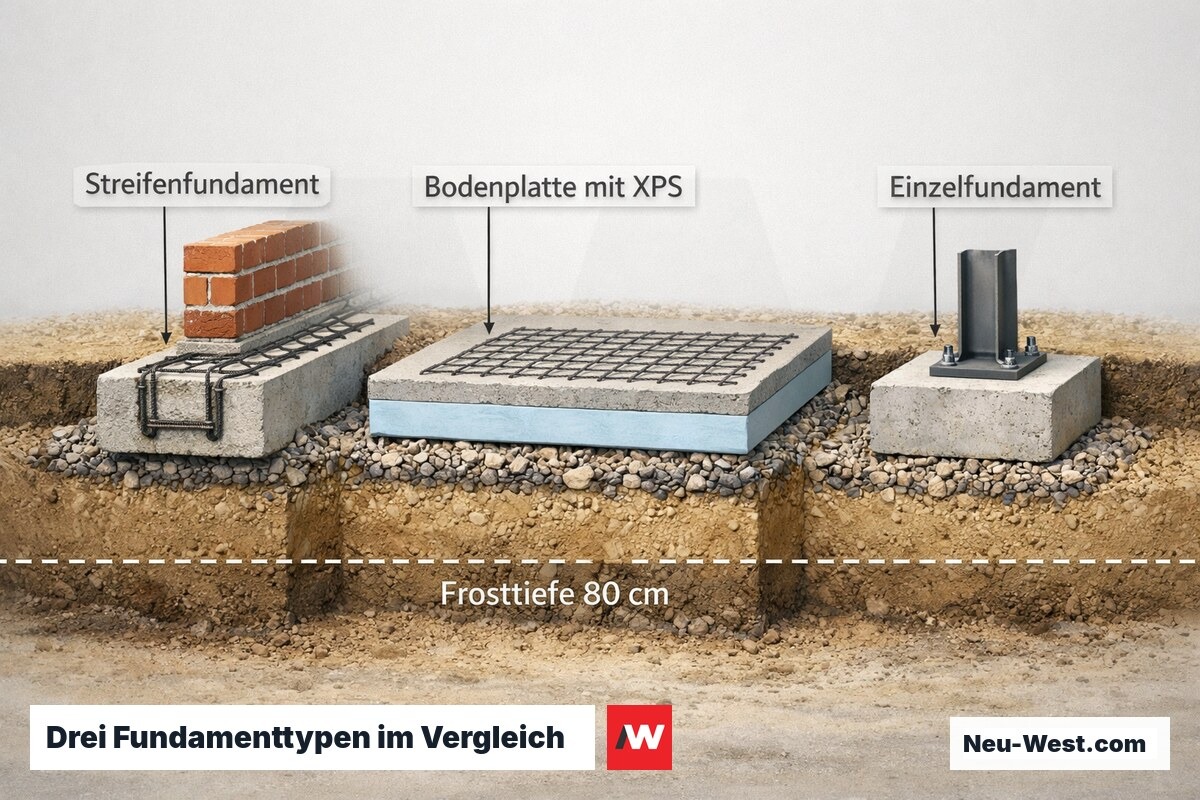 Querschnitt-Vergleich von Streifenfundament, Bodenplatte und Einzelfundament im Erdreich mit Frosttiefenmarkierung