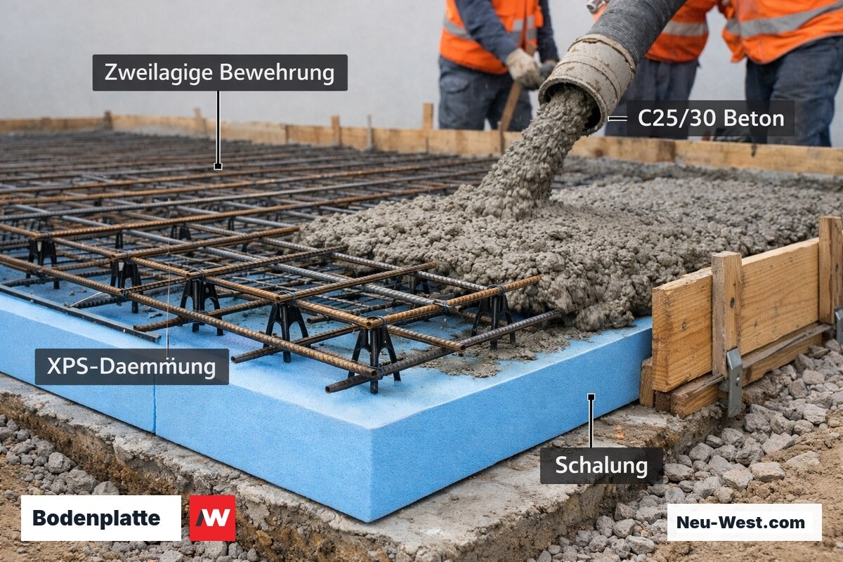 Bodenplatten-Baustelle mit XPS-Dämmung, zweilagiger Stahlmattenbewehrung und frisch eingegossenem Beton