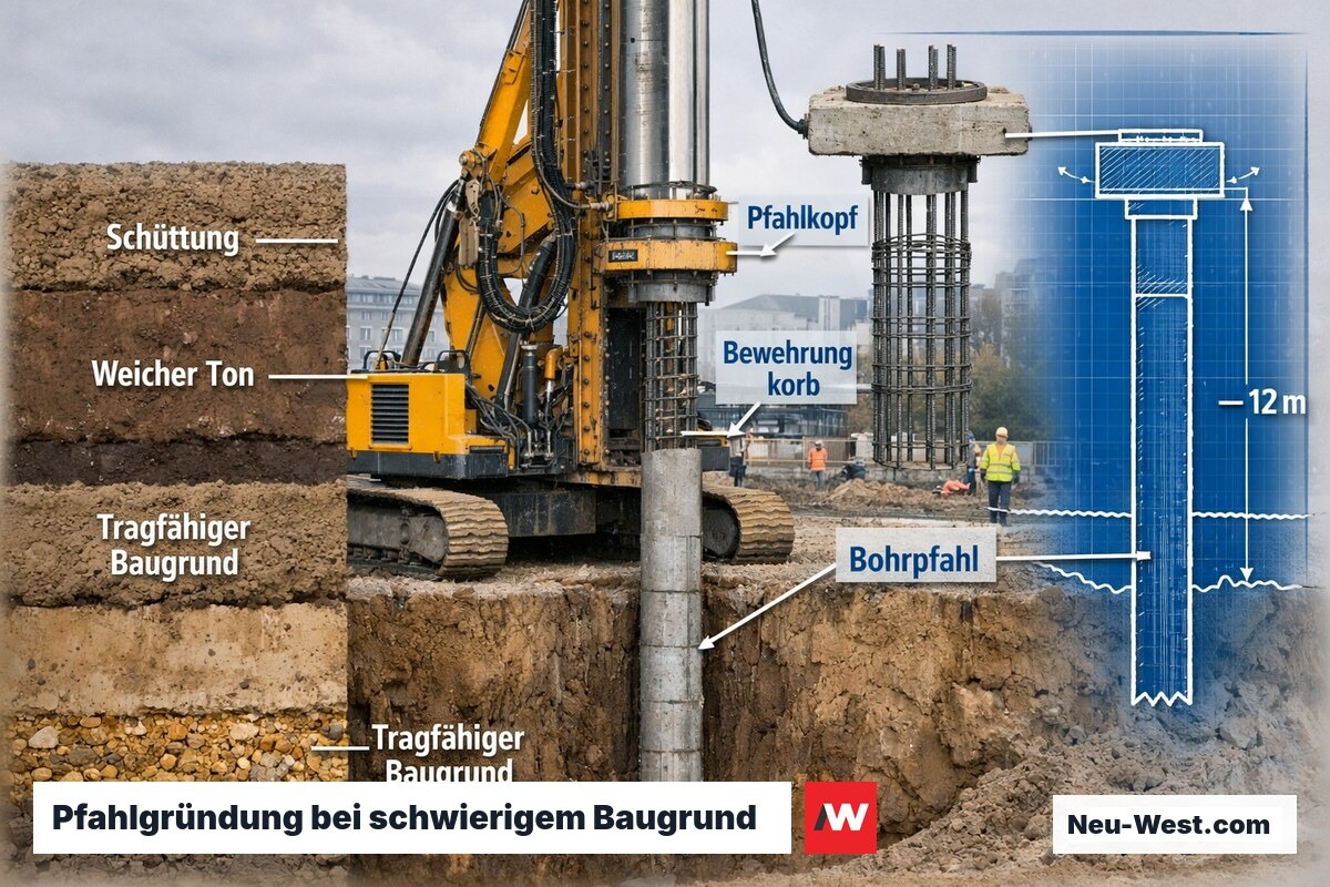 Bohrpfahlgründung im Querschnitt: Bohrgerät durchdringt Weichschichten bis zum tragfähigen Untergrund mit Bewehrungskorb