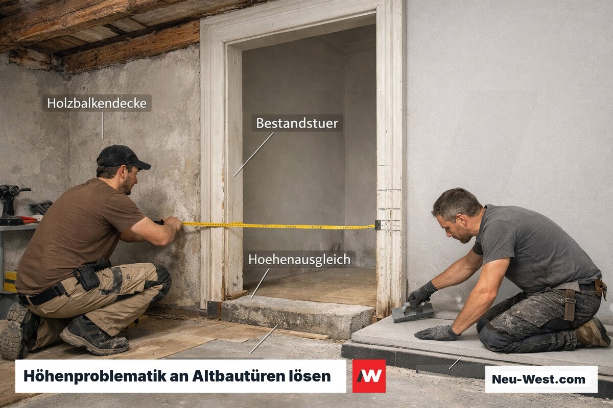 Sanierungssituation im Gründerzeitaltbau: Monteure gleichen Höhenunterschied zwischen altem Holzbalkenboden und neuer Trockenbaukonstruktion an Türdur