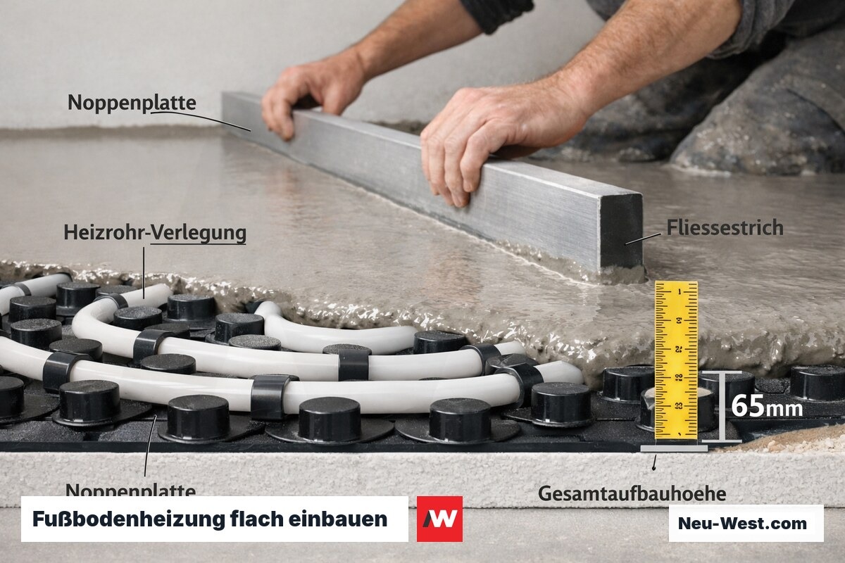 Flachaufbau-Fußbodenheizung in Sanierung: Heizrohre auf Noppenplatte mit 65 mm Gesamthöhe, Fließestrich wird eingegossen