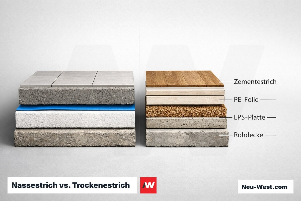 Nassestrich vs. Trockenestrich: Normschichten im Vergleich nach DIN 18560 – Erklär-Grafik (NEUWEST Berlin)