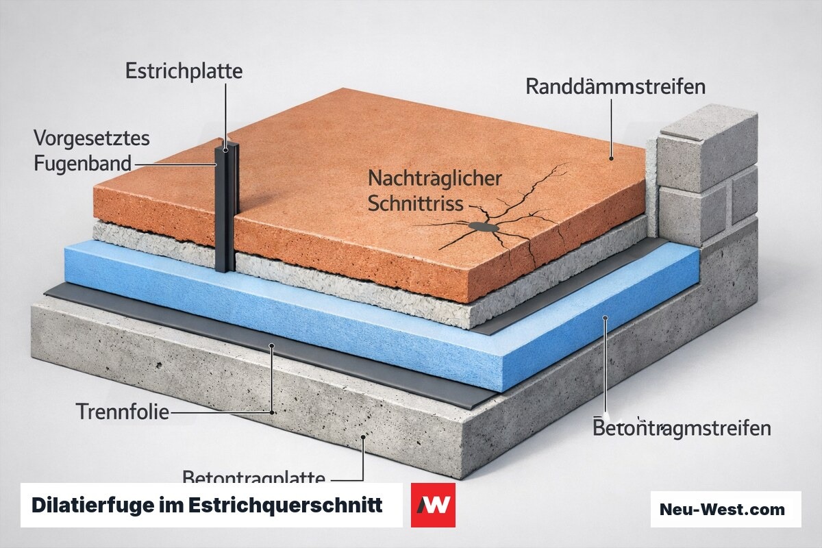 Querschnitt eines schwimmenden Estrichs mit eingelegtem Fugenband, fehlerhaftem Nachschnitt mit Schwindrissen und Randdämmstreifen an der Wand.