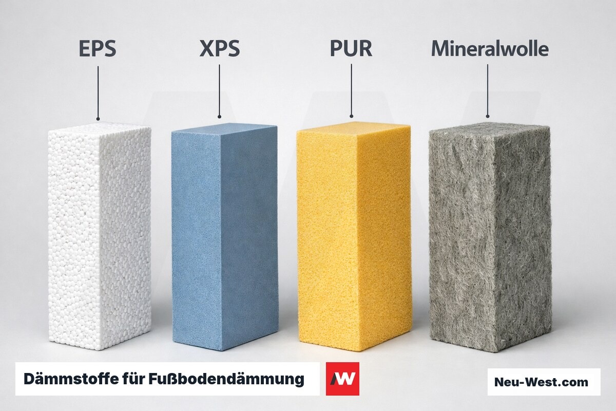 Dämmstoffe für Fußbodendämmung: Materialvergleich EPS, XPS, PUR, Mineralwolle – Erklär-Grafik (NEUWEST Berlin)