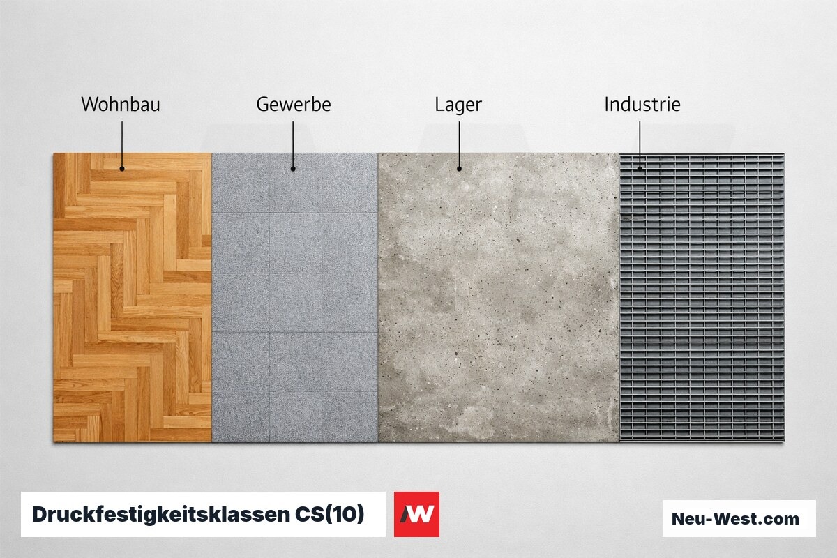 Druckfestigkeitsklassen CS(10) nach Nutzungstyp: Wohnbau bis Industrie – Erklär-Grafik (NEUWEST Berlin)