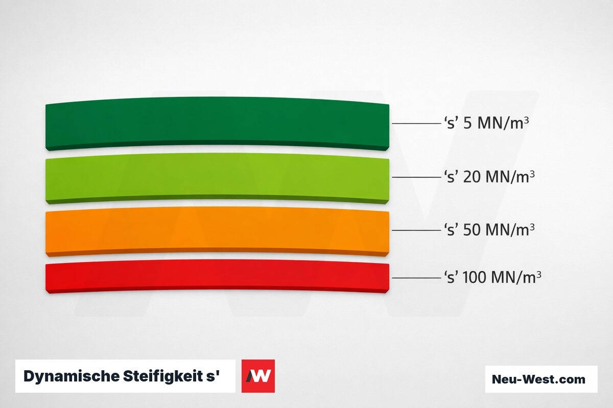 Dynamische Steifigkeit s' und Trittschallminderung ΔLw nach DIN EN ISO 9052-1 – Erklär-Grafik (NEUWEST Berlin)