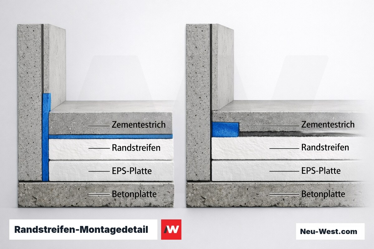 Randstreifen-Montagedetail am Wand-Boden-Anschluss nach DIN 18560 – Erklär-Grafik (NEUWEST Berlin)