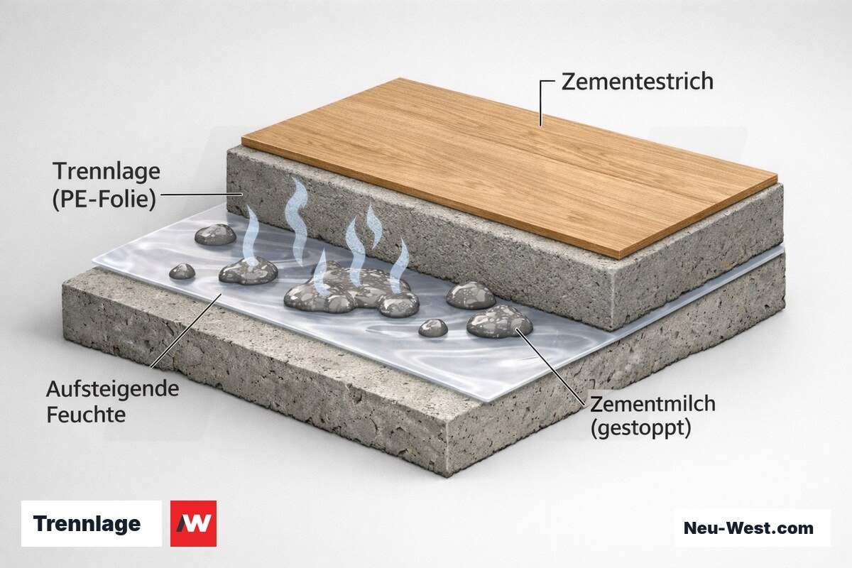 Cutaway eines Estrichaufbaus: lose PE-Trennlage stoppt Zementmilch, lässt aber aufsteigende Feuchte aus dem Beton ungehindert in den Estrich durch.