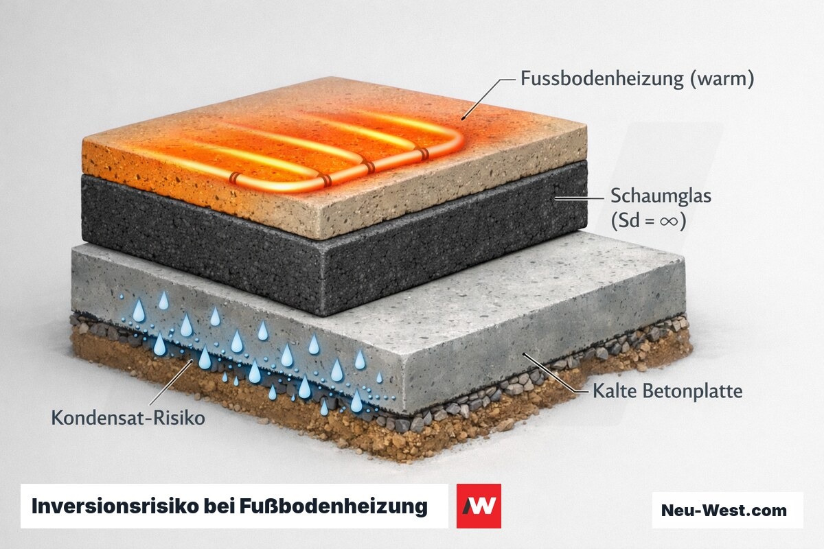 Querschnitt eines erdberührenden Bodens mit Fußbodenheizung: Wasserdampf diffundiert nach unten, Schaumglas verhindert Kondensat an der kalten Betonplatte.
