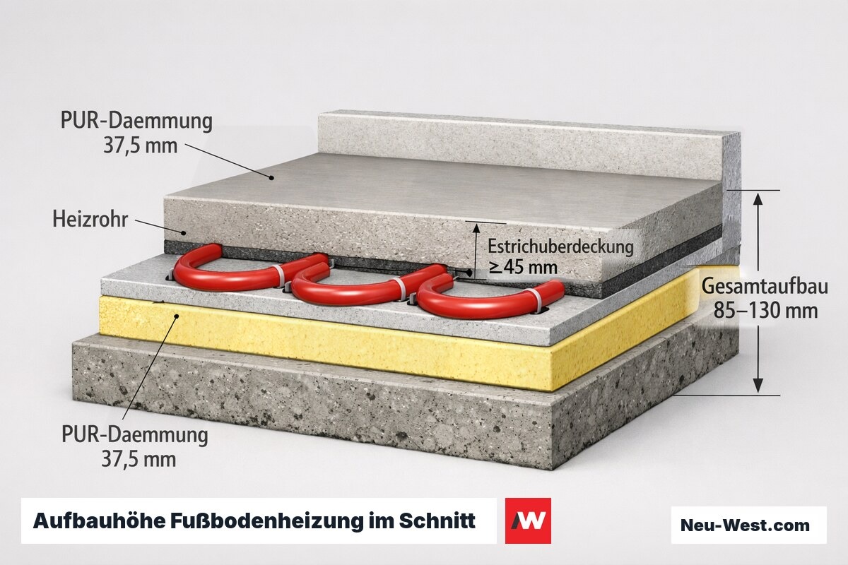 Schnitt durch Fußbodenheizungs-Aufbau: PUR-Dämmung, Heizrohre und Estrichüberdeckung mit Bemaßung der Gesamtaufbauhöhe.