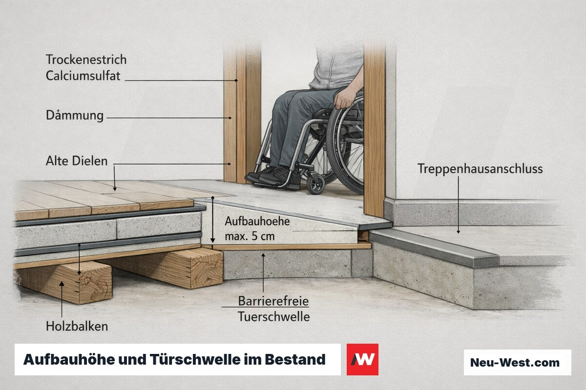 Querschnitt einer Bestands-Fußbodendämmung mit reversiblem Trockenestrich, Aufbauhöhe-Bemaßung, barrierefreier Türschwelle und Treppenhausanschluss.