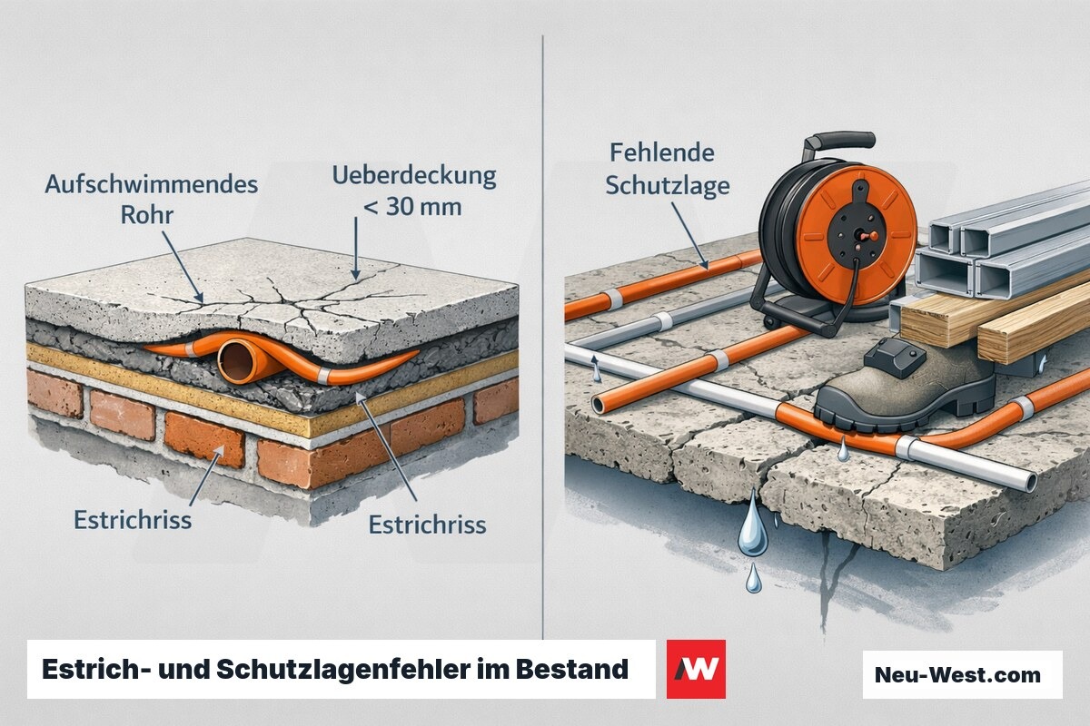 Bauquerschnitt: aufschwimmendes Heizrohr mit zu dünner Estrichüberdeckung und Riss sowie ungeschütztes Rohr mit mechanischer Beschädigung und Leckage.