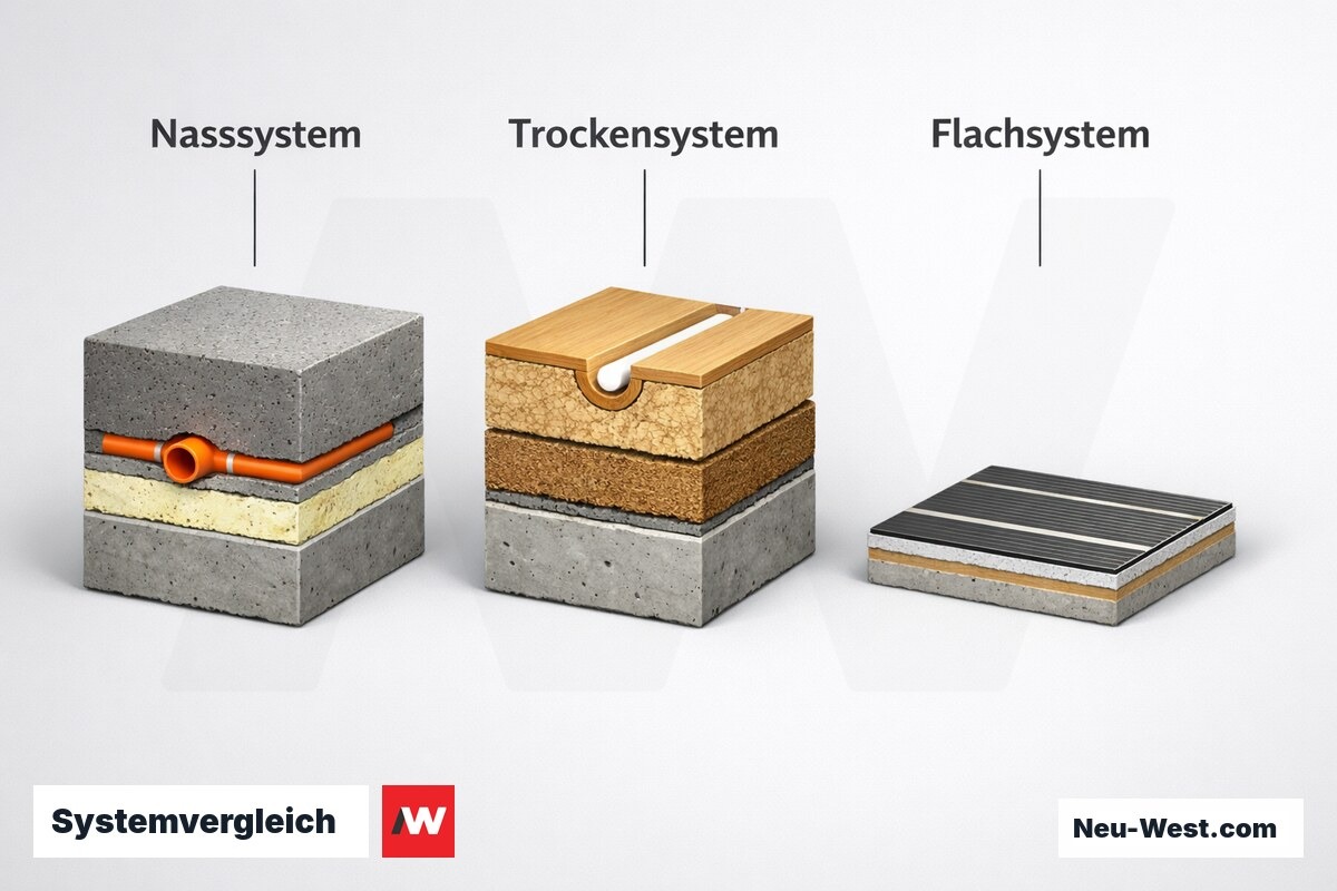 Systemvergleich: Nass-, Trocken- und Flachsystem – Erklär-Grafik (NEUWEST Berlin)