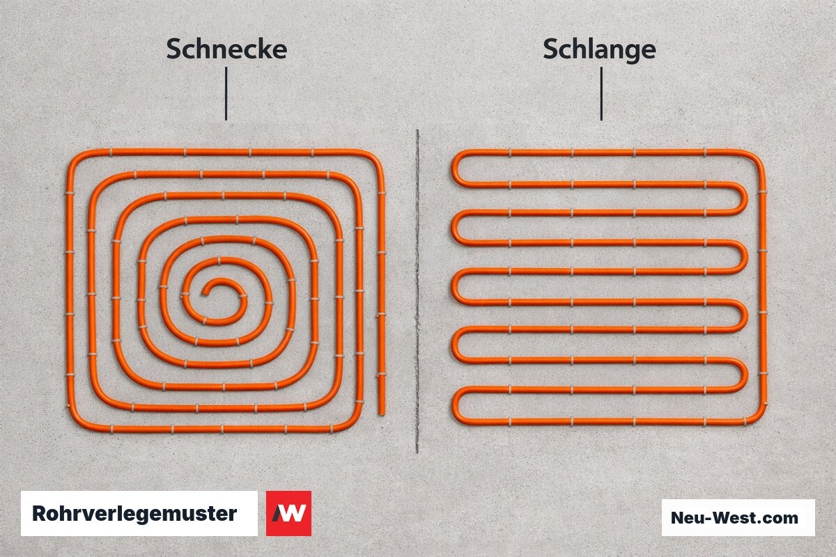 Rohrverlegemuster: Schnecke vs. Schlange – Erklär-Grafik (NEUWEST Berlin)