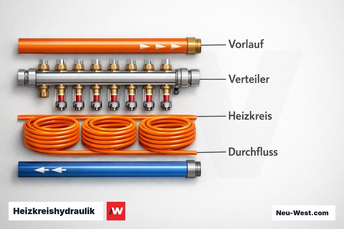 Heizkreishydraulik: Verteiler, Kreislänge und Druckverlust – Erklär-Grafik (NEUWEST Berlin)