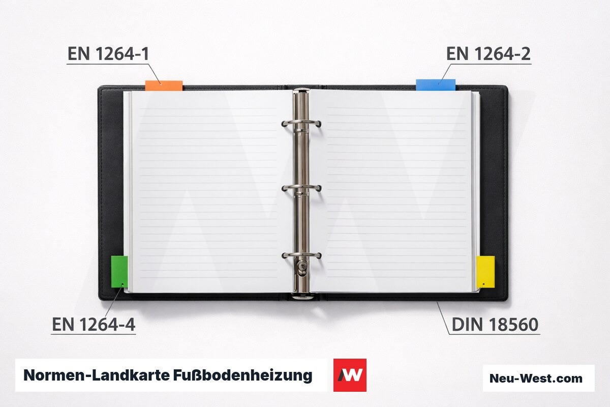Normen-Landkarte Fußbodenheizung: DIN EN 1264 und DIN 18560 – Erklär-Grafik (NEUWEST Berlin)