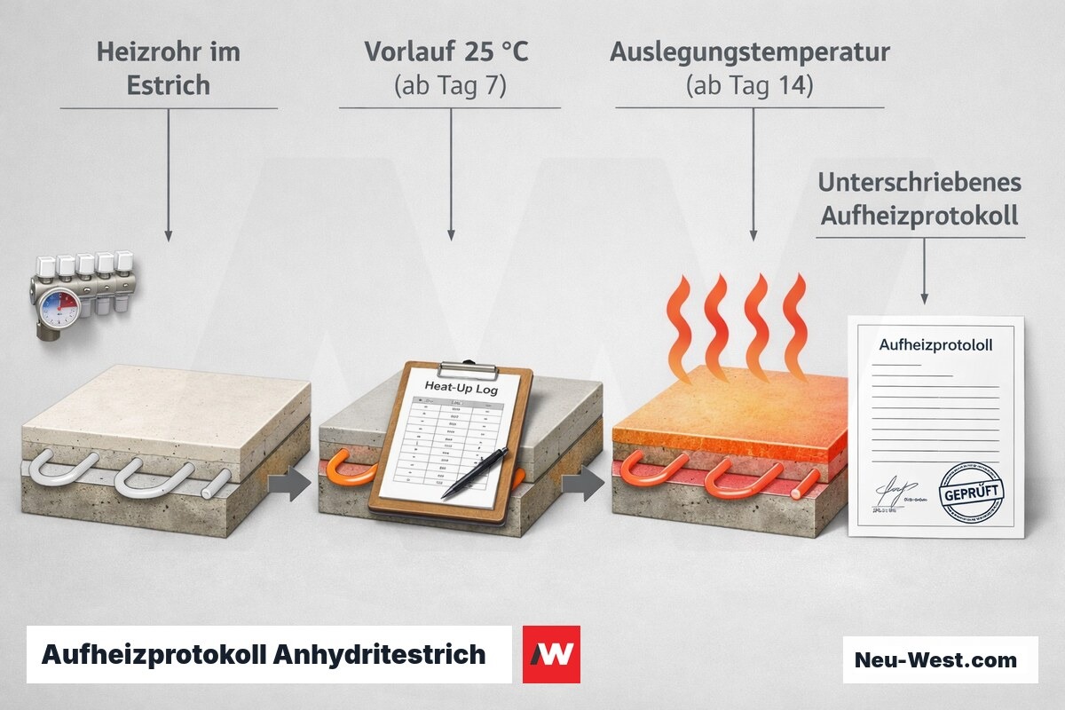Prozess-Sequenz des Anheizens von Calciumsulfatestrich: Start kalt, ab Tag 7 Vorlauf 25 °C, ab Tag 14 Auslegungstemperatur, dokumentiertes Protokoll.