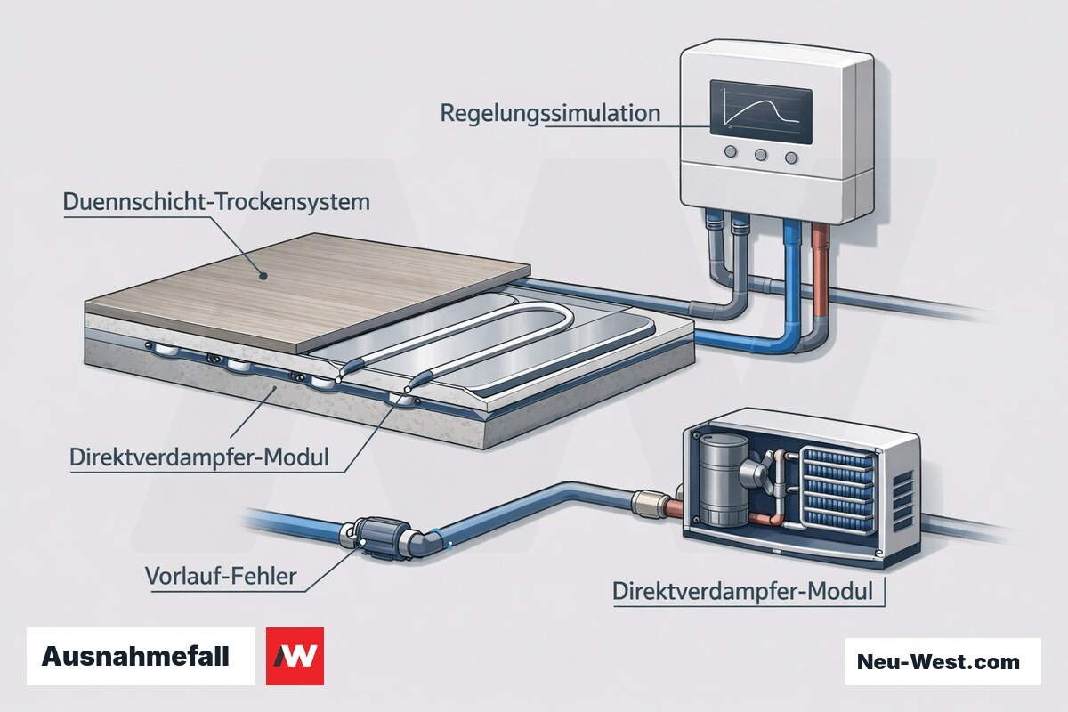 Querschnitt eines Dünnschicht-Trockensystems mit Direktverdampfer, Vorlauf-Fühler und Regelungssimulations-Einheit als Ausnahmefall für Nachtabschaltung.