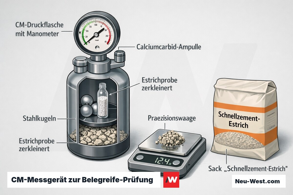 Querschnitt eines CM-Messgeräts mit Druckflasche, Manometer, Calciumcarbid-Ampulle und Estrichprobe zur Restfeuchtemessung von Schnellzementestrich.