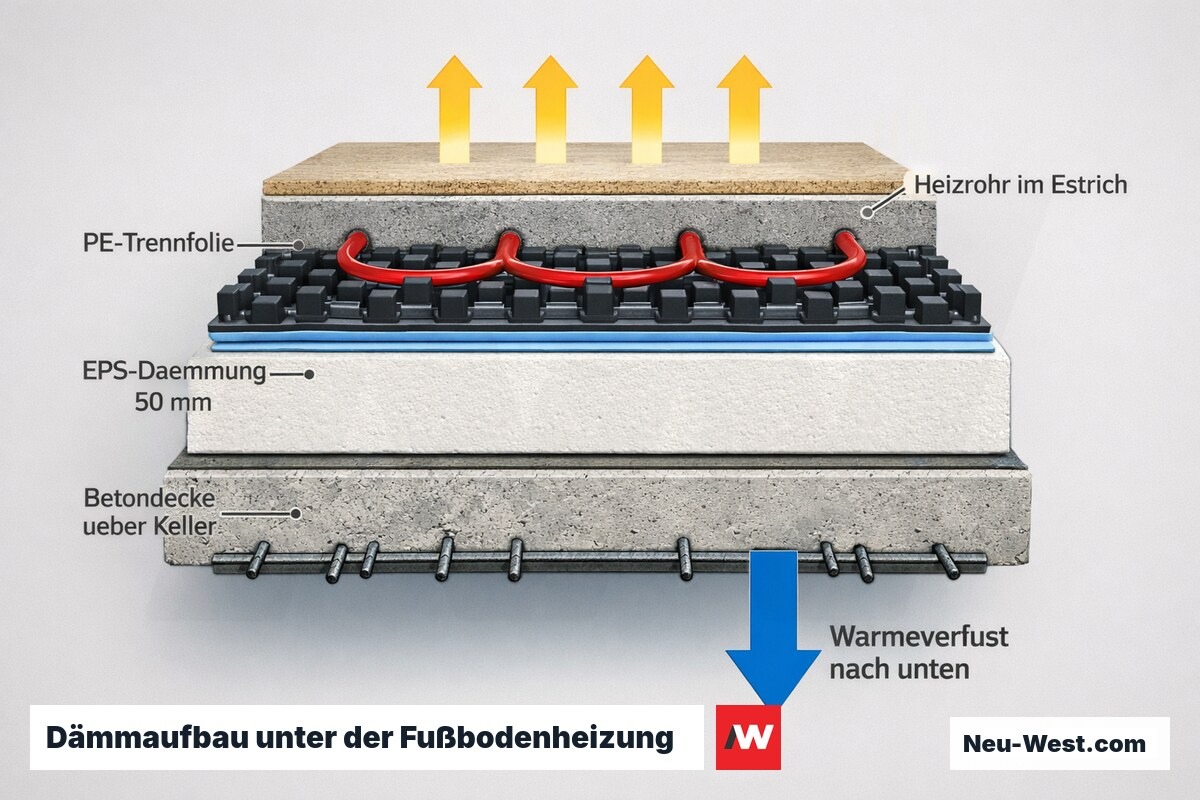 Querschnitt Fußbodenheizung über Keller: EPS-Dämmung auf Betondecke, Heizrohr im Estrich, Wärmeverlust nach unten.
