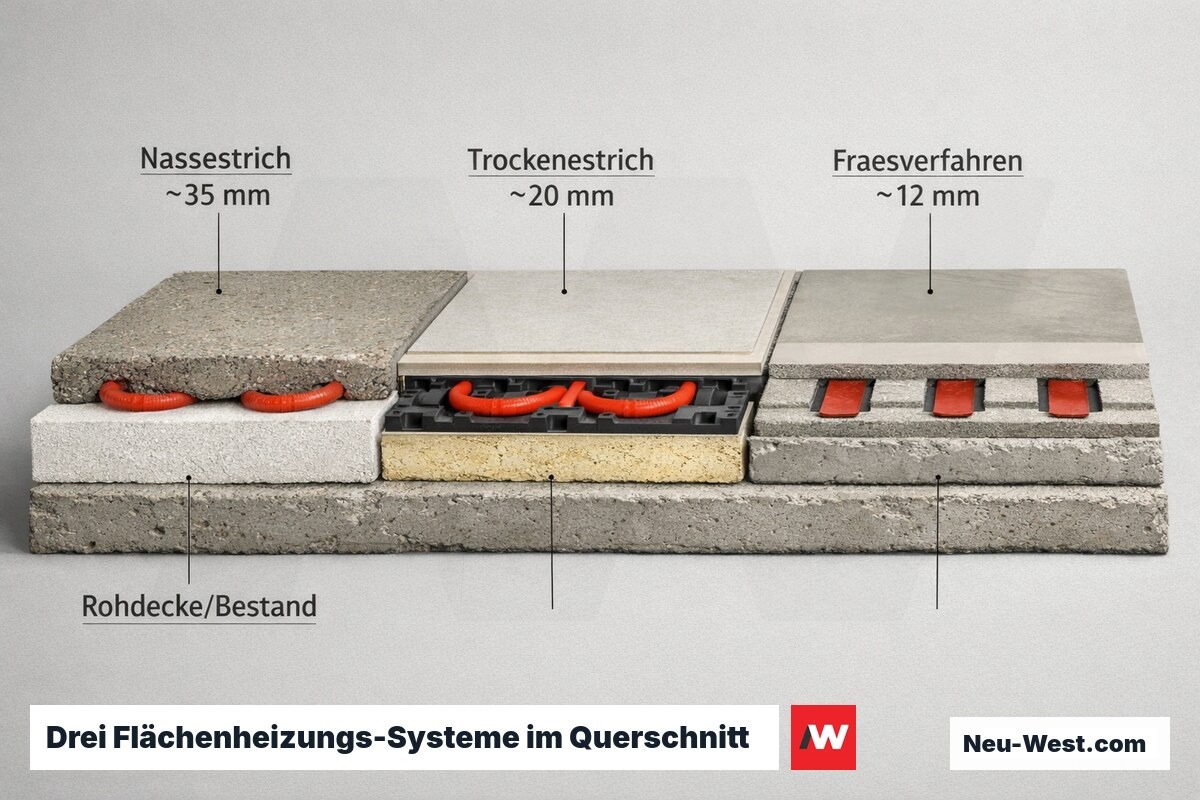 Querschnitt-Vergleich Nassestrich, Trockenestrich und Fräsverfahren Fußbodenheizung mit Schichtaufbau und Aufbauhöhen
