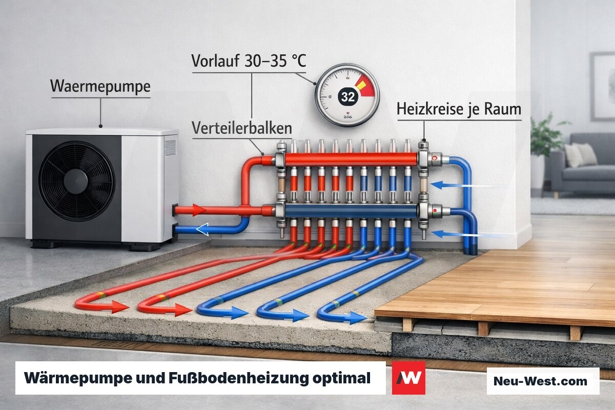 Wärmepumpe mit Fußbodenheizungsverteiler und Niedertemperaturkreislauf 30–35 °C in saniertem Altbau