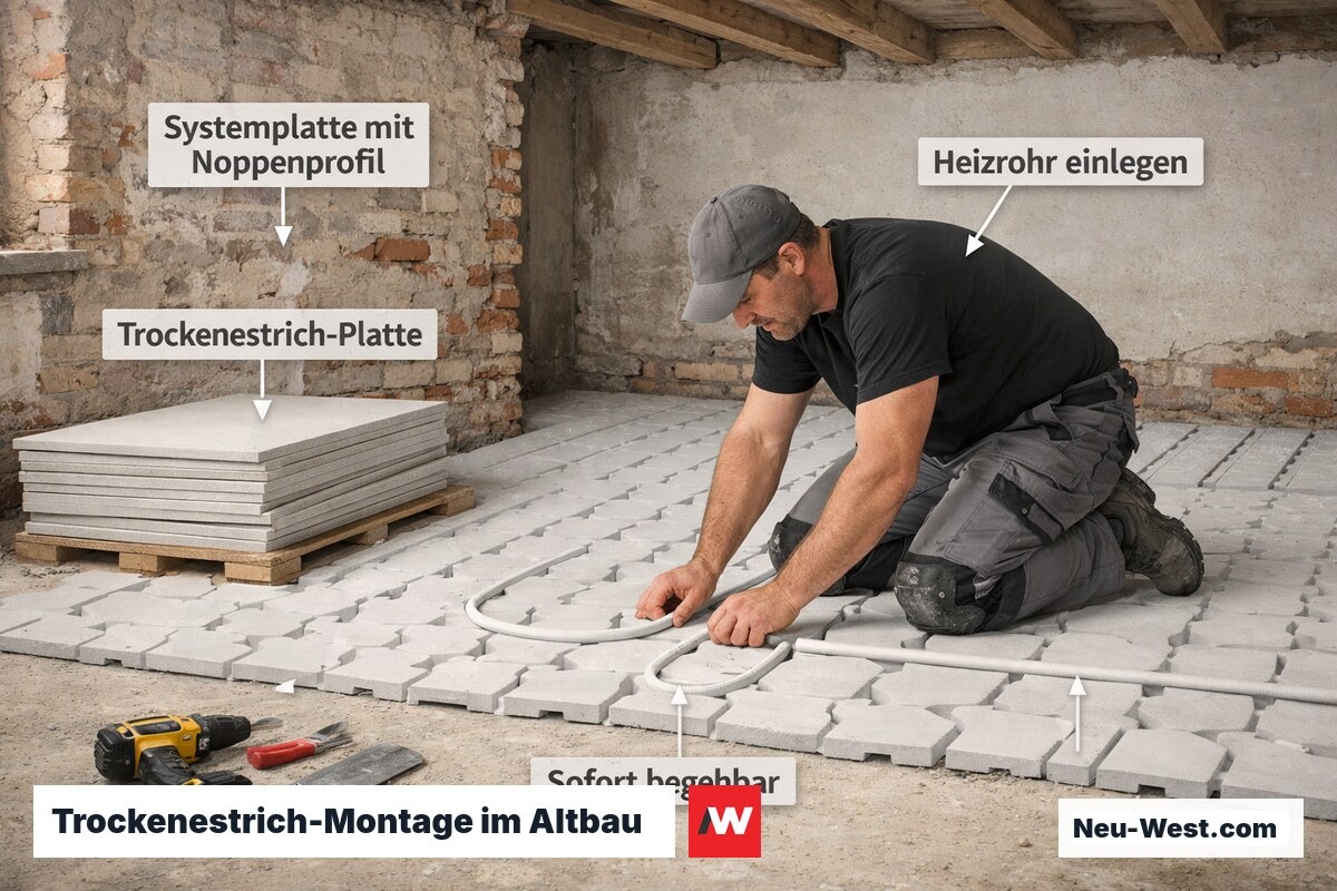 Handwerker verlegt Trockenestrich-Fußbodenheizung mit Systemplatten und Heizrohren in Altbau-Sanierung
