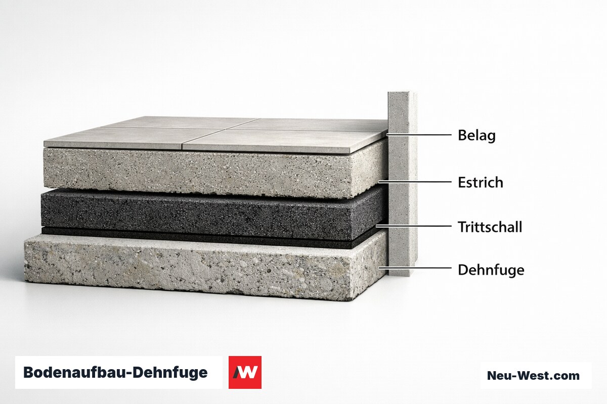 Bodenaufbau-Dehnfuge: Was die Sockelleiste bauphysikalisch verdeckt – Erklär-Grafik (NEUWEST Berlin)